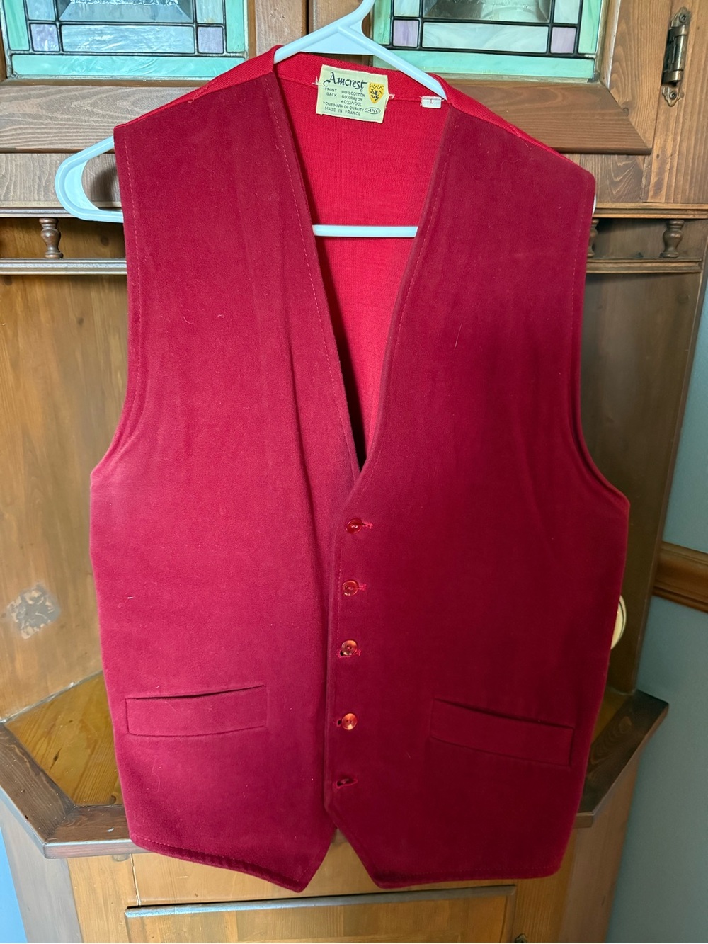 Vintage Amcrest Red Cotton Wool Blend Vest Waistcoat - Made in France L